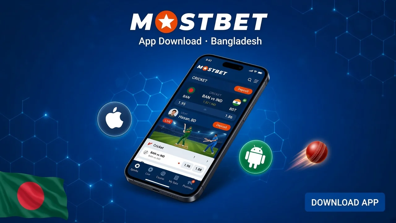 Mostbet app on iPhone and Android with Bangladesh cricket betting screens