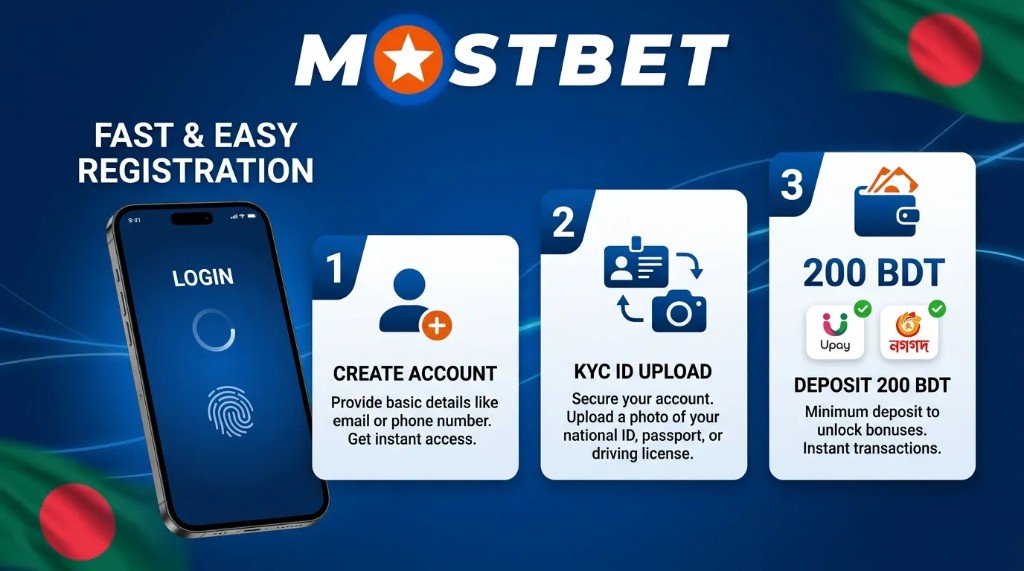 Mostbet app getting started steps: account KYC and 200 BDT deposit