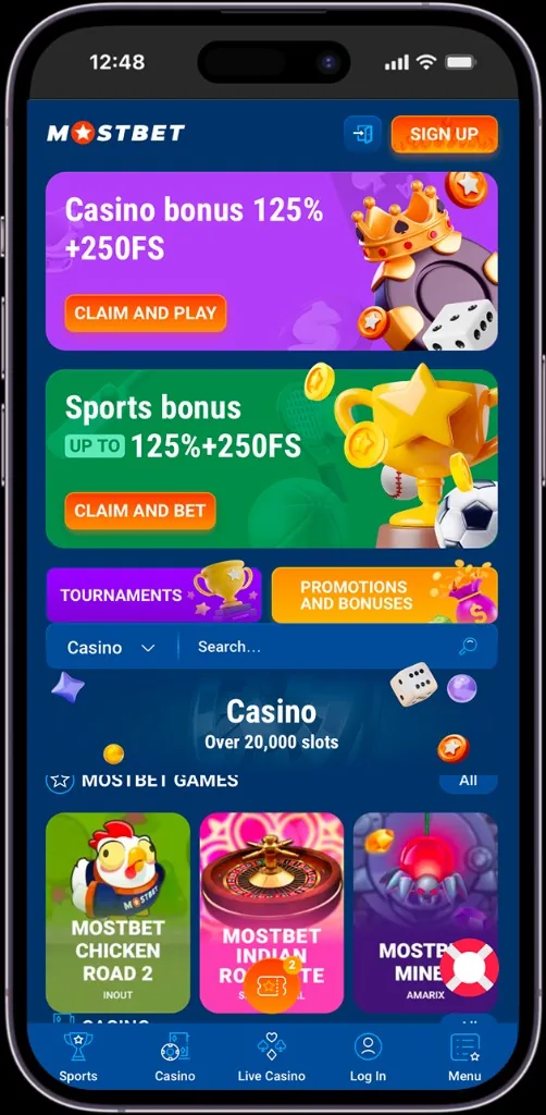 Mostbet app home screen with casino and sports bonuses